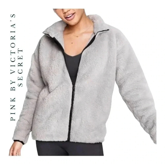 1614. PINK BY VICTORIA’S SECRET SHERPA FULL ZIP JACKET SIZE XSMALL GRAY IN COLOR - Picture 1 of 11